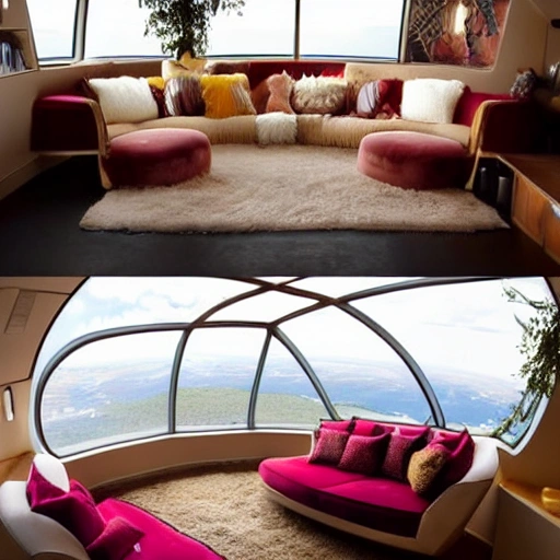 This cozy living room on a space ship features a large, oval-shaped window that offers a stunning view of the earth below. The furniture is warm and inviting, with a plush sofa and armchair upholstered in a rich, burgundy fabric. A wooden coffee table sits at the center of the room, and a few potted plants add a touch of greenery. A cozy fireplace, complete with a faux stone mantel and a flickering LED flame, adds a touch of warmth and comfort. A few framed photos of the earth and the stars hang on the walls, adding a personal touch

