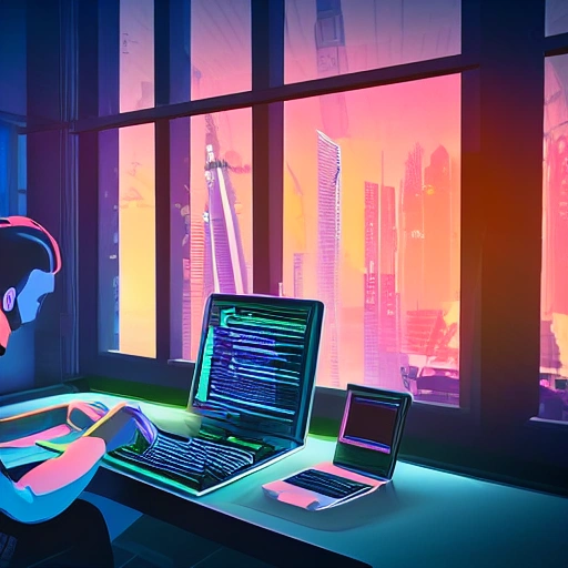 inside a programmer's room, cyberpunk vibe, neon glowing lights, sharp focus, photorealistic, unreal engine 5, bearded man working on his laptop on the desk, window that shows the skyscrapers in the background, Trippy