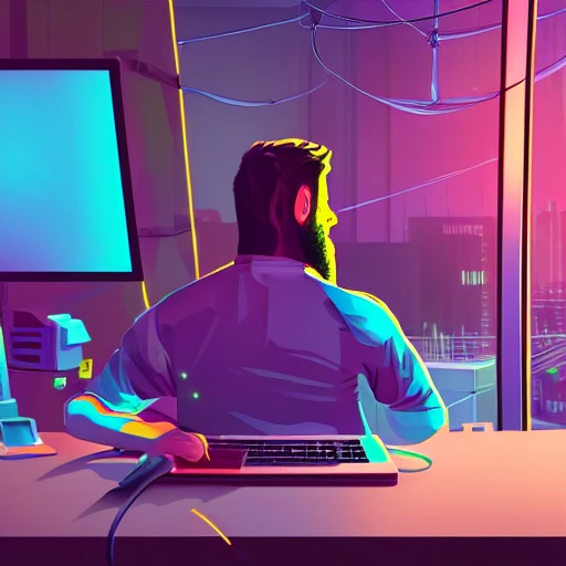 inside a programmer's room, cyberpunk vibe, neon glowing lights, sharp focus, photorealistic, unreal engine 5, bearded man working on his laptop on the desk, window that shows the skyscrapers in the background, Trippy