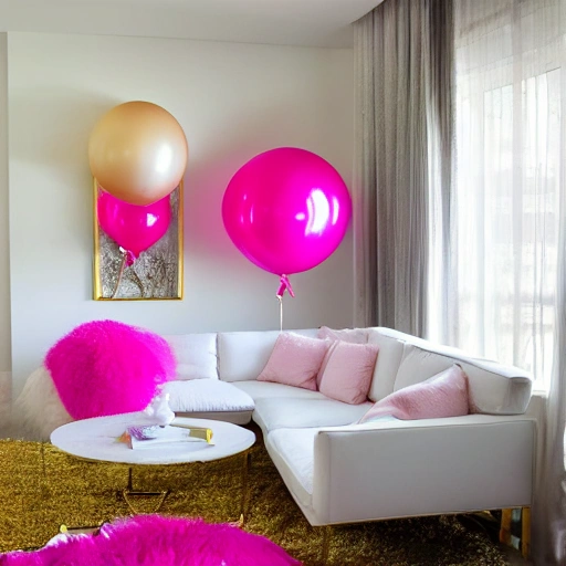 pink balloons, white room, gold couch, floor to ceiling windows, high definition, detailed, white fur rug, modern