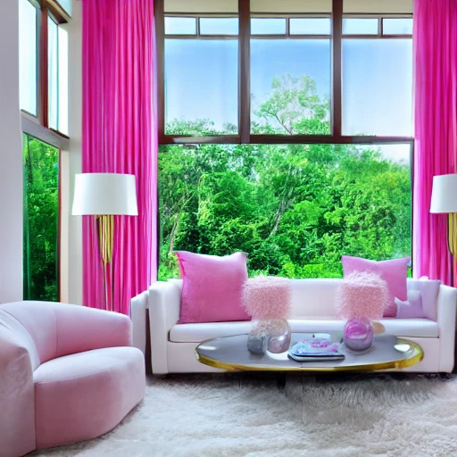 pink balloons, white room, gold couch, floor to ceiling windows, high definition, detailed, white fur rug, modern, Water Color