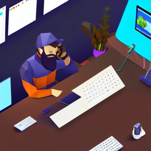 A bearded brown skin programmer with beanie working on his desk with multiple monitors, low poly, colorful, 3d, isometric, fantasy