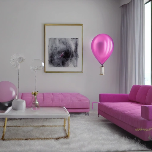 pink balloons, white room, gold couch, floor to ceiling windows, high definition, detailed, white fur rug, modern, Water Color, 3D