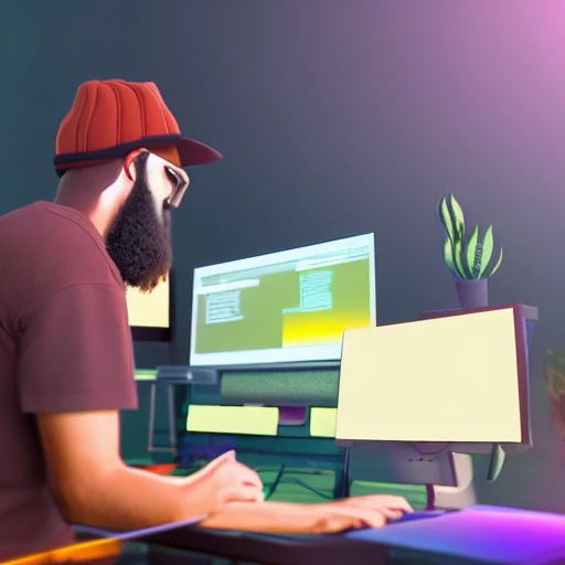 A bearded brown skin programmer with beanie working on his desk with multiple monitors, surreal, realistic, unreal engine 5, colorful, 3d, isometric, fantasy, sci-fi, architecture, web design, ui/ux, ui, ux