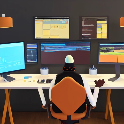 A bearded brown skin programmer with beanie working on his desk with multiple monitors, surreal, realistic, unreal engine 5, colorful, 3d, isometric, fantasy, sci-fi, architecture, web design, ui/ux, ui, ux