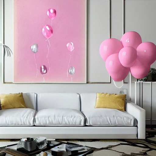 pink balloons, white room, gold couch, floor to ceiling windows, high definition, detailed, white fur rug, modern, Water Color, 3D, Cartoon, Oil Painting