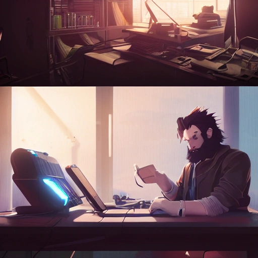 An anime bearded man programming on his desk, anime, sci-fi, surreal, developer, unreal engine 5, art by Greg Rutkowski and James Gurney, trending on Artstation, highly detailed