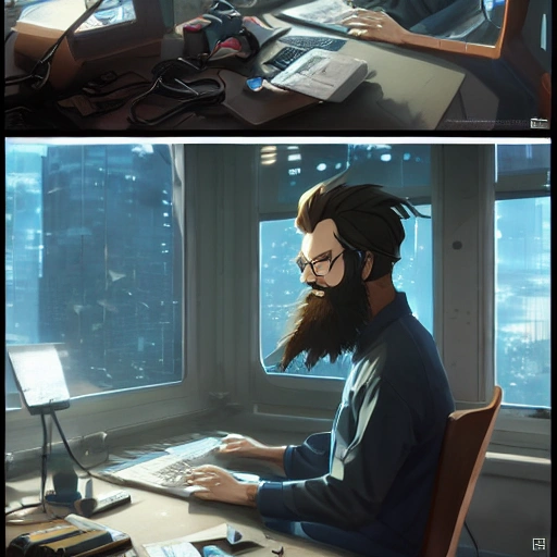 An anime bearded man programming on his desk, anime, sci-fi, surreal, developer, unreal engine 5, art by Greg Rutkowski and James Gurney, trending on Artstation, highly detailed