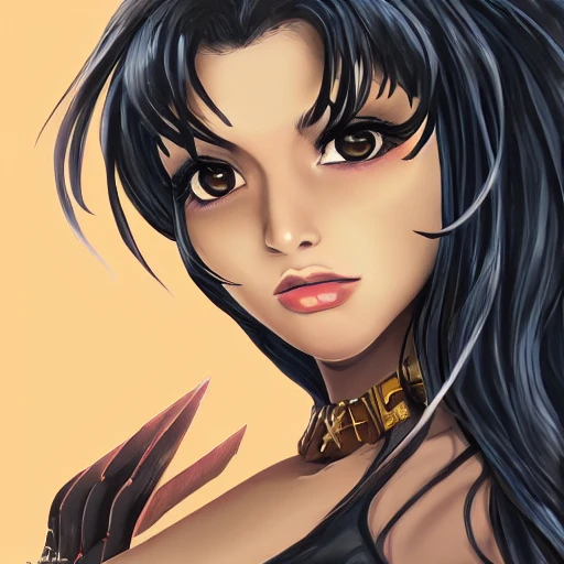 art by stan lee. art station, powerful female valkyria, simple solid color background, highly detailed, hyperrealistic upper body portrait of dark fantasy lady in her 20s, wearing jewelry, brown skin color, 1girl, gorgeous anime girl, illustrated, strong eye makeup, colored lips, long hair, big breasts, perfect breasts, seductive look, sharp focus, matte colors, strong colors, medieval light armor, busty, volumetric lighting, looking at viewer, pov, in style of hades the videogame, thick black outlines, cartoony, in style of marvel comics, character art