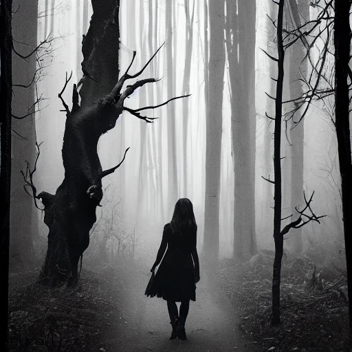 Imagine a young woman, dressed in all black, navigating a misty, moonlit path through a dense forest. As she walks, twisted branches and gnarled roots seem to reach out for her, hinting at the supernatural dangers that lurk in the darkness. The girl moves with purpose, her eyes fixed on the horizon as she makes her way deeper into the wilderness. In the distance, a castle looms, its spires and towers silhouetted against the night sky. Is the girl a vampire, drawn to the ancient seat of power? Or is she a brave hero, determined to face whatever dangers lie ahead?