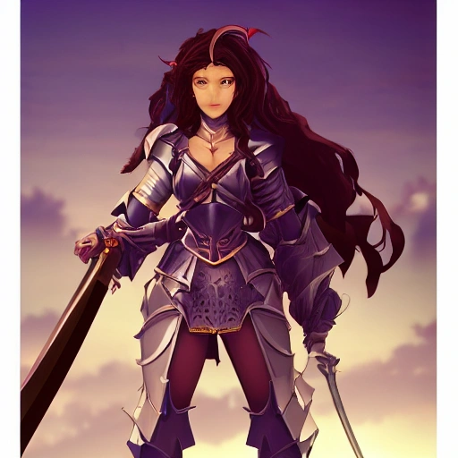 A cute knight girl with long black hair and purple eyes she is wearing a  beautiful dense shiny armor with golden edges she holds a magical holy  sword with patterns shining with