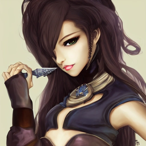 mdjrny-v4 style, artstation, pixiv, {{{powerful female knight}}}, simple solid color background, highly detailed, hyperrealistic portrait of fantasy warrior in her 30s, wearing jewelry, holding a dagger in her left hand, brown skin color, 1girl, gorgeous anime girl, illustrated, strong eye makeup, colored lips, long hair, perfect anatomy, medium breasts, perfect breasts, detailed eyes, serious look, sharp focus, beautiful detailed eyes, vibrant colors, strong colors, medieval light clothing, busty, volumetric lighting, looking at viewer, pov, {{in style of fire emblem the videogame}}, in style of hades the videogame, very thick black outlines, cartoony, painted with ink, in style of final fantasy tactics, {very blunt borders}, adult cartoon, character concept art,  by HACCAN, by Kita Senri, by Nishiki Arekum by Suzuki Rika, by azu-taro, comic book cover style