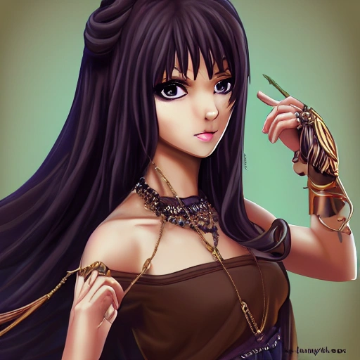 mdjrny-v4 style, artstation, pixiv, {{{arabian fantasy princess}}}, simple solid color background, highly detailed, hyperrealistic portrait of fantasy warrior in her 30s, wearing jewelry, hand, brown skin color, 1girl, gorgeous anime girl, illustrated, strong eye makeup, colored lips, long hair, perfect anatomy, medium breasts, perfect breasts, detailed eyes, serious look, sharp focus, beautiful detailed eyes, vibrant colors, colorful hair, strong colors, medieval light clothing, busty, chubby body, looking at viewer, pov, {{in style of fire emblem the videogame}}, in style of hades the videogame, very thick black outlines, cartoony, painted with ink, in style of final fantasy tactics game, waist up portrait, {very blunt borders}, adult cartoon, character concept art,  by HACCAN, by Kita Senri, by Nishiki Arekum, by azu-taro, 