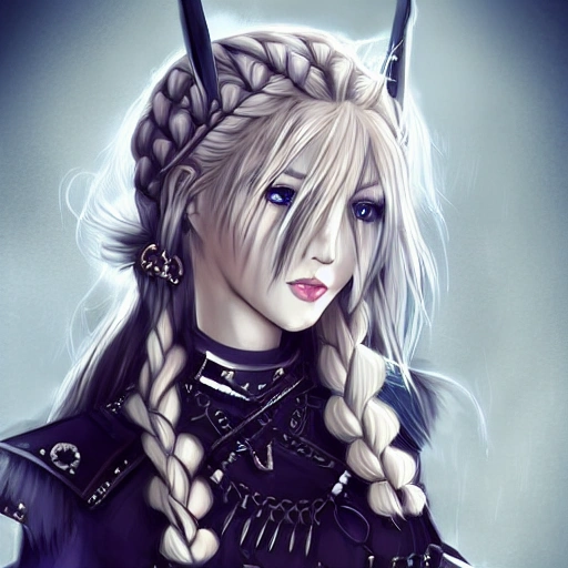 mdjrny-v4 style, artstation, pixiv, {{nordic shield maiden}}, simple solid color background, highly detailed, hyperrealistic portrait of fantasy warrior in her 20s, wearing jewelry, blonde hair, 1girl, gorgeous anime girl, illustrated, strong eye makeup, braided hair, perfect anatomy, gothic makeup, even lighting, perfect breasts, detailed eyes, serious look, sharp focus, beautiful detailed eyes, vibrant colors, colorful hair, strong colors, medieval european clothing, busty, looking at viewer, pov, {{in style of 2d japanese rpg artwork}}, in style of hades the videogame, very thick black outlines, cartoony, waist up portrait, {very blunt borders}, adult cartoon, character concept art,  by artgerm, comic book cover style