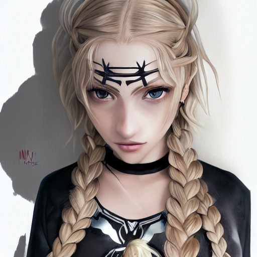 mdjrny-v4 style, artstation, pixiv, {{nordic shield maiden}}, simple solid color background, highly detailed, hyperrealistic portrait of fantasy warrior in her 20s, wearing jewelry, blonde hair, 1girl, gorgeous anime girl, illustrated, strong eye makeup, braided hair, perfect anatomy, gothic makeup, even lighting, perfect breasts, detailed eyes, serious look, sharp focus, beautiful detailed eyes, vibrant colors, colorful hair, strong colors, medieval european clothing, busty, looking at viewer, pov, {{in style of 2d japanese rpg artwork}}, in style of hades the videogame, very thick black outlines, cartoony, waist up portrait, {very blunt borders}, adult cartoon, character concept art,  by artgerm, comic book cover style