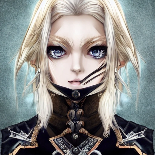 mdjrny-v4 style, artstation, pixiv, {{nordic shield maiden}}, simple solid color background, highly detailed, hyperrealistic portrait of fantasy warrior in her 40s, wearing jewelry, blonde hair, 1girl, gorgeous anime girl, illustrated, strong eye makeup, perfect anatomy, gothic, even lighting, perfect breasts, detailed eyes, serious look, sharp focus, beautiful detailed eyes, vibrant colors, colorful hair, strong colors, ancient rune symbol tattoo, wide shoulders and strong arms, medieval european light armor, busty, looking at viewer, pov, {{in style of 2d japanese rpg artwork}}, in style of hades the videogame, very thick black outlines, cartoony, waist up portrait, {very blunt borders}, adult cartoon, character concept art,  by artgerm, comic book cover style