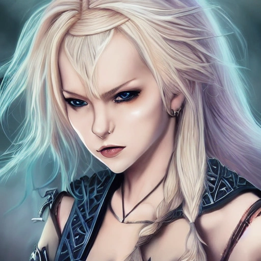 mdjrny-v4 style, artstation, pixiv, {{nordic shield maiden}}, simple solid color background, highly detailed, hyperrealistic portrait of fantasy warrior, 40 years old woman, wearing jewelry, blonde hair, 1girl, gorgeous anime girl, illustrated, strong eye makeup, perfect anatomy, gothic, even lighting, perfect breasts, detailed eyes, serious look, sharp focus, beautiful detailed eyes, vibrant colors, colorful hair, strong colors, ancient rune symbol tattoo, wide shoulders and strong arms, medieval dragon armor, busty, looking at viewer, pov, {{in style of 2d japanese rpg artwork}}, in style of hades the videogame, very thick black outlines, cartoony, waist up portrait, {very blunt borders}, adult cartoon, character concept art,  by artgerm, comic book cover style