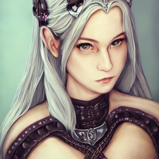 mdjrny-v4 style, artstation, pixiv, {{nordic shield maiden}}, simple solid color background, highly detailed, hyperrealistic portrait of fantasy viking woman, 30 years old woman, wearing jewelry, wearing a silver hair band, natural hair, 1girl, gorgeous anime girl, illustrated, strong eye makeup, perfect anatomy, gothic, even lighting, perfect breasts, detailed eyes, serious look, sharp focus, beautiful detailed eyes, vibrant colors, colorful hair, strong colors, wide shoulders and strong arms, medieval animal skin armor, busty, looking at viewer, pov, {{in style of 2d japanese rpg artwork}}, in style of hades the videogame, very thick outlines, cartoony, waist up portrait, {very blunt borders}, adult cartoon, character concept art,  by artgerm, morandi color scheme, artstation, by ilya kuvshinov, comic book cover style