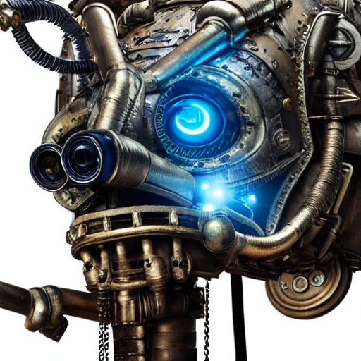 close-up studio photograph of an old steampunk robot from the movie "The NeverEnding Story" is a true work of art. The use of studio lighting and a sharp focus on the intricate details of the robot gives the image a highly detailed and realistic appearance. The cool blue tones of the lighting create a dreamlike atmosphere, adding to the fantastical nature of the scene. The image is further enhanced by the use of a wide-angle lens, which allows for a broad view of the colorful, maximalist garden goddess. This photograph is sure to be a hit with fans of both steampunk and the iconic film.