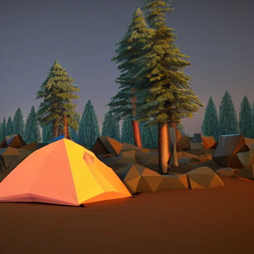 low poly camp fire,low poly camping tent, low poly bicycle,  render, blender, 3d, warm, glow, low poly trees, low poly forest, fire