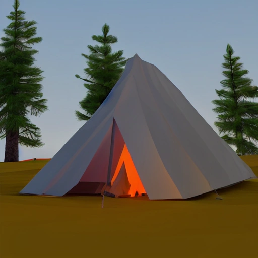 low poly camp fire,low poly camping tent, low poly mountain bike,  render, blender, 3d, warm, glow, low poly trees, low poly forest, fire