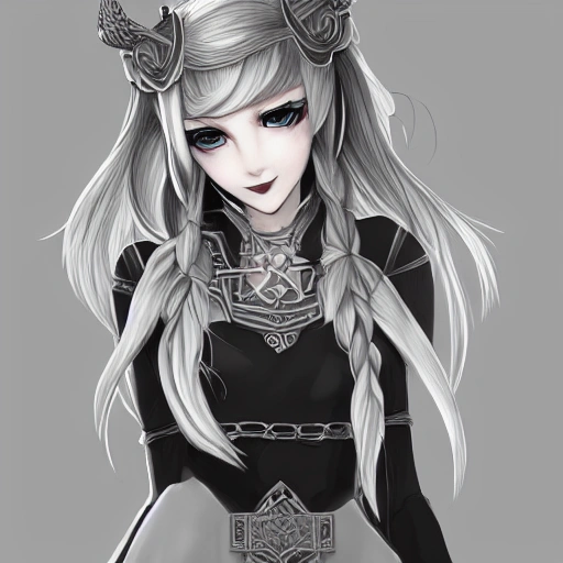 mdjrny-v4 style, artstation, pixiv, {{nordic villain viking}}, simple solid color background, highly detailed, hyperrealistic portrait of fantasy maiden, 30 years old woman, wearing jewelry, wearing a silver hair band, natural hair, 1girl, gorgeous anime girl, illustrated, strong eye makeup, perfect anatomy, gothic, even lighting, perfect breasts, detailed eyes, serious look, sharp focus, beautiful detailed eyes, vibrant colors, colorful hair, strong colors, wide shoulders and strong arms, medieval animal skin armor, busty, looking at viewer, pov, {{in style of 2d japanese rpg artwork}}, in style of hades the videogame, very thick outlines, cartoony, waist up portrait, {very blunt borders}, adult cartoon, character concept art,  by artgerm, morandi color scheme, artstation, by ilya kuvshinov, by wlop, comic book cover style