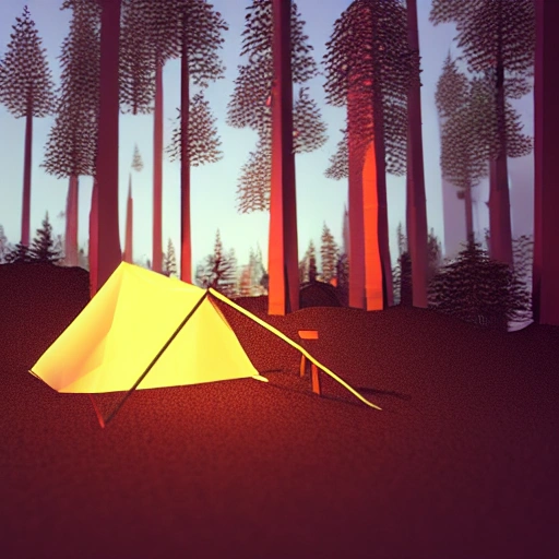 low poly camp fire,low poly camping tent, low poly bike,  render, blender, 3d, warm, glow, low poly trees, low poly forest, fire outside tent