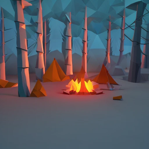 low poly camp fire,low poly camping tent,  render, blender, 3d, warm, glow, low poly trees, low poly forest, fire outside tent, bicycle