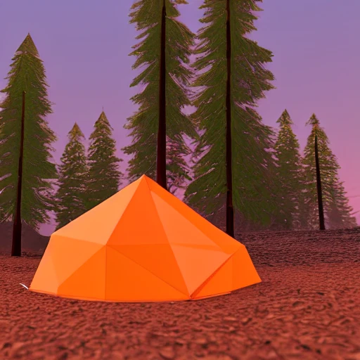 low poly camp fire, bicycle, low poly camping tent,  render, blender, 3d, warm, glow, low poly trees, low poly forest, fire outside tent