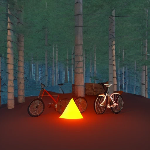 low poly camp fire, bicycle with camping gear, low poly camping tent,  render, blender, 3d, warm, glow, low poly trees, low poly forest, fire outside tent