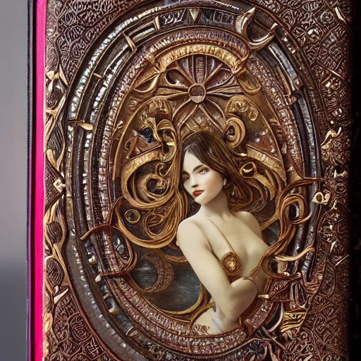 an embossed and inlaid, ornateley carved and decorated magic book bejewelled and carved, studio product photography, centered, super highly detailed, professional digital painting, artstation, concept art, smooth, sharp focus, extreme illustration, unreal engine 5, photorealism, beautiful, cinematic, art by artgerm and rutkowski and alphonse mucha and loish and wlop , fantasy