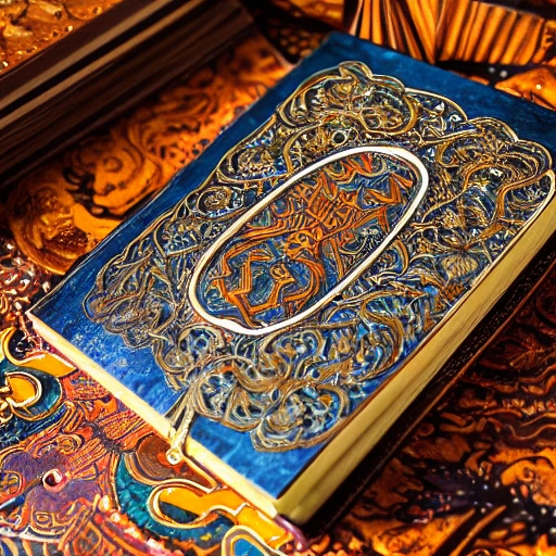 an embossed and inlaid, ornateley carved and decorated magic book, bejewelled and carved, studio product photography, centered, super highly detailed, professional digital painting, artstation, concept art, smooth, sharp focus, extreme illustration, unreal engine 5, photorealism, beautiful, cinematic, art by artgerm and rutkowski and alphonse mucha and loish and wlop , fantasy