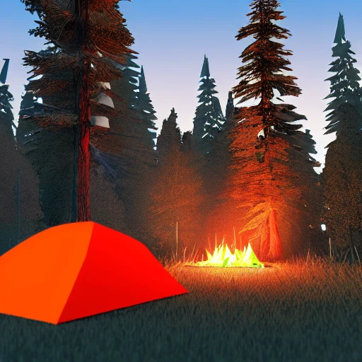 low poly camp fire, bicycle with camping gear, low poly outdoor tent,  render, blender, 3d, warm, glow, low poly trees, low poly forest, fire outside tent