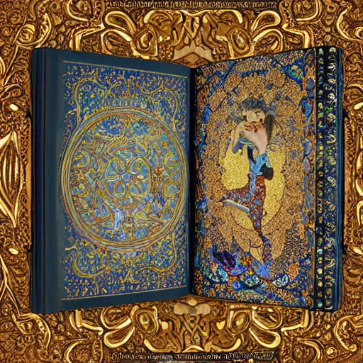 an embossed and inlaid, ornateley carved and decorated magic book, bejewelled and carved, studio product photography, centered, super highly detailed, professional digital painting, artstation, concept art, smooth, sharp focus, extreme illustration, unreal engine 5, photorealism, beautiful, cinematic, art by artgerm and rutkowski and alphonse mucha and loish and wlop , fantasy