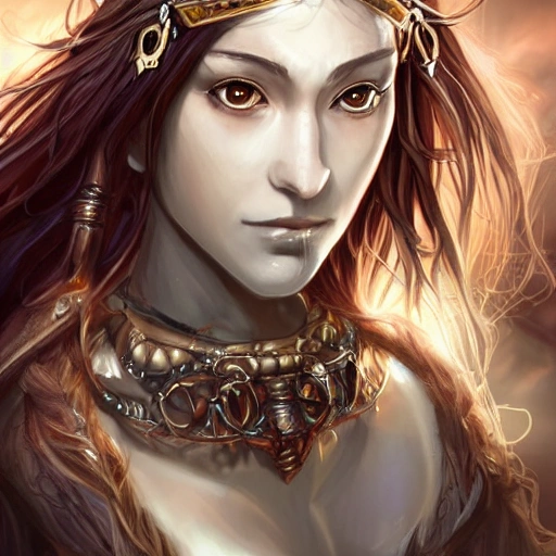 art by artgerm, art station, fantasy female druid shaman, god rays, highly detailed, hyperrealistic upper body portrait of scandinavian dark fantasy woman in her 30s, wearing jewelry, wearing magic amulets, light brown skin, 1girl, gorgeous anime girl, illustrated, long dark hair, big breasts, perfect breasts, seductive look, sharp focus, smooth, medieval corset, busty, volumetric lighting, looking at viewer, pov, in style of hades videogame, thick black outlines, cartoony, character art