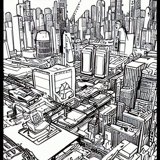 cyberpunk coloring book page,