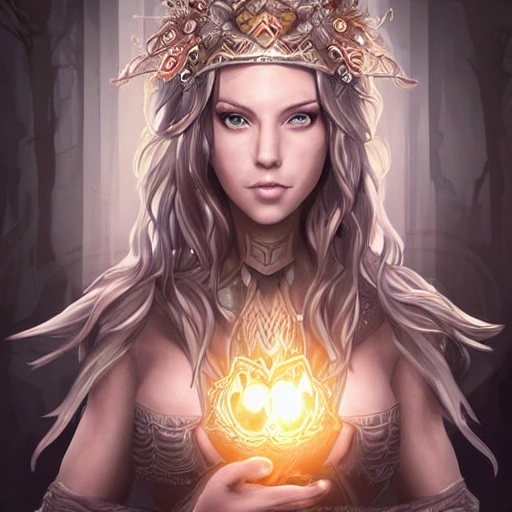 art by artgerm, art station, fantasy female druid shaman, god rays, highly detailed, hyperrealistic upper body portrait of scandinavian dark fantasy woman in her 30s, knows dark magic, powerful witch, wearing jewelry, wearing magic amulets, light brown skin, 1girl, gorgeous anime girl, illustrated, long dark hair, large breasts, perfect breasts, mischievous look, sharp focus, smooth, medieval winter fur clothing, medieval corset, busty, volumetric lighting, looking at viewer, pov, in style of hades videogame, thick black outlines, cartoony, character art
