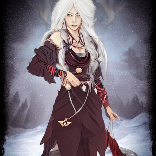 mdjrny-v4 style, artstation, pixiv, {{{fantasy rpg powerful dark shaman lady from lapland who knows magic}}}, simple solid color background, highly detailed, hyperrealistic full body portrait of northern european woman in her 30s, wearing jewelry, wearing magic amulets, mysterious, knows magic, 1woman, gorgeous anime woman, illustrated, strong eye makeup, long dark natural hair, perfect anatomy, chubby body, medium breasts, perfect breasts, detailed eyes, serious look, sharp focus, beautiful eyes, vibrant colors, strong colors, medieva winter clothing, even lighting, fighting stance, simple solid background, {{in style of fire emblem the videogame}}, in style of hades the videogame, very thick black outlines, cartoony, in style of marvel comics, painted with ink, {very blunt borders}, adult cartoon, character concept art,  by HACCAN, by Kita Senri, by Suzuki Rika, by azu-taro, comic book cover style