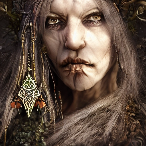 {{{fantasy female druid shaman from lapland}}}, god rays, highly detailed, {hyperrealistic upper body portrait of scandinavian dark fantasy woman in her 50s}, knows dark magic, powerful witch, wearing jewelry, wearing magic amulets, brown skin, 1girl, gorgeous anime girl, illustrated, long dark hair, mischievous look, sharp focus, medieval winter fur clothing, tribal style clothing, medieval corset, busty, volumetric lighting, smooth, looking at viewer, pov, in style of hades videogame, thick black outlines, cartoony, art by artgerm, art station, character art