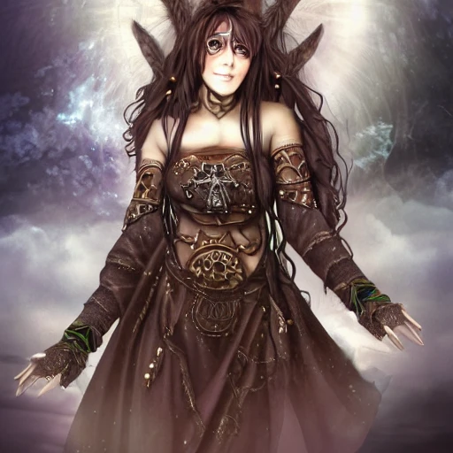 {{{fantasy female druid shaman from lapland}}}, god rays, highly detailed, {hyperrealistic upper body portrait of scandinavian dark fantasy woman in her 50s}, knows dark magic, powerful witch, wearing jewelry, wearing magic amulets, brown skin, 1girl, gorgeous anime girl, illustrated, long dark hair, mischievous look, sharp focus, medieval winter fur clothing, tribal style clothing, medieval corset, busty, volumetric lighting, smooth, looking at viewer, pov, in style of hades videogame, thick black outlines, cartoony, art by artgerm, art station, character art