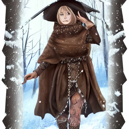 {{{fantasy female witch druid from lapland}}}, highly detailed, {hyperrealistic upper body portrait of 50 years old nordic woman}, knows dark magic, powerful witch, wearing jewelry, wearing magic amulets, brown skin, 1girl, gorgeous anime girl, illustrated, long dark hair, mischievous look, sharp focus, medieval winter fur clothing, tribal style clothing, medieval corset, busty, volumetric lighting, smooth, looking at viewer, pov, in style of hades videogame, thick black outlines, cartoony, art by artgerm, art station, character art