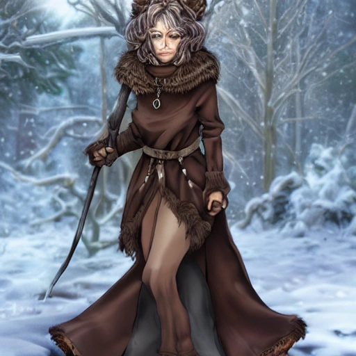 {{{fantasy female witch druid from lapland}}}, highly detailed, {hyperrealistic upper body portrait of 50 years old nordic woman}, knows dark magic, powerful witch, wearing jewelry, wearing magic amulets, brown skin, 1girl, gorgeous anime girl, illustrated, long dark hair, mischievous look, sharp focus, medieval winter fur clothing, tribal style clothing, medieval corset, busty, volumetric lighting, smooth, looking at viewer, pov, in style of hades videogame, thick black outlines, cartoony, art by artgerm, art station, character art