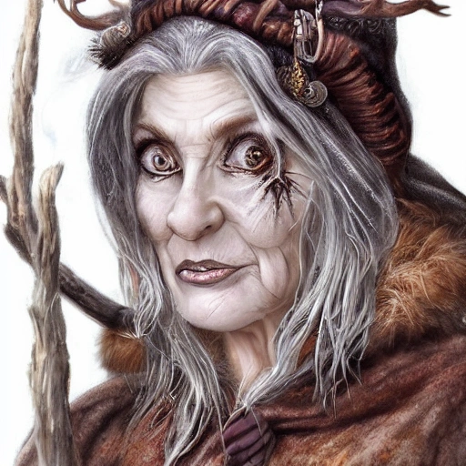 {{{fantasy female witch druid from lapland}}}, highly detailed, {hyperrealistic upper body portrait of 60 years old nordic woman}, knows dark magic, powerful witch, wearing jewelry, wearing magic amulets, brown skin, 1girl, gorgeous anime girl, illustrated, long dark hair, mischievous look, sharp focus, no hat, wears a hooded robe, medieval winter fur clothing, tribal style clothing, medieval corset, busty, volumetric lighting, smooth, looking at viewer, pov, in style of hades videogame, thick black outlines, cartoony, art by artgerm, art station, character art