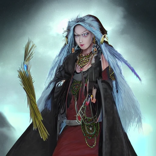 mdjrny-v4 style, artstation, pixiv, {{{fantasy rpg powerful dark shaman lady from lapland who knows magic}}}, simple solid color background, highly detailed, hyperrealistic full body portrait of elder tribal woman, wearing jewelry, wearing magic amulets, mysterious, knows magic, 1woman, gorgeous anime woman, illustrated, strong eye makeup, long dark natural hair, perfect anatomy, chubby body, medium breasts, perfect breasts, detailed eyes, serious look, sharp focus, beautiful eyes, strong colors, medieval traditional northern tribal robe, even lighting, fighting stance, simple solid background, {{in style of fire emblem the videogame}}, in style of hades the videogame, very thick black outlines, cartoony, in style of marvel comics, painted with ink, {very blunt borders}, adult cartoon, character concept art,  by HACCAN, by Kita Senri, by Suzuki Rika, by azu-taro, comic book cover style