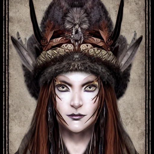 {{{fantasy female witch queen from lapland}}}, highly detailed, {hyperrealistic upper body portrait of elder druid tribe leader}, knows dark magic,  wears medieval jewelry and magic talismans, wears traditional tribal clothing made of animal leather and warm materials, brown skin, 1woman, gorgeous anime woman, illustrated, long dark hair, mischievous look, sharp focus, elegant, no hat, big nose, volumetric lighting, smooth, looking at viewer, pov, in style of hades videogame, thick black outlines, cartoony, art by artgerm, art station, character art