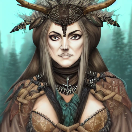 {{{dark fantasy grand witch of north}}}, highly detailed, {hyperrealistic upper body portrait of druid leader}, nordic woman who knows dark magic,, overflowing energy, wears tribal cloth made of animal leather and warm materials, 1woman, gorgeous anime woman, illustrated, long dark hair, curvy body, wears animal bone jewelry, mysterious look, sharp focus, elegant, no hat, no headgear, volumetric lighting, smooth, in style of hades videogame, thick black outlines, cartoony, art by artgerm, art station, character art