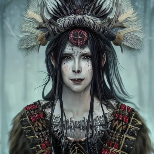 {{{dark fantasy grand witch of north}}}, highly detailed, {hyperrealistic upper body portrait of druid leader}, nordic woman who knows dark magic,, overflowing energy, wears tribal cloth made of animal leather and warm materials, 1woman, gorgeous anime woman, illustrated, long dark hair, strong body, wears animal bone jewelry, mysterious look, sharp focus, elegant, no hat, no headgear, volumetric lighting, smooth, in style of hades videogame, thick black outlines, cartoony, art by artgerm, art station, character art