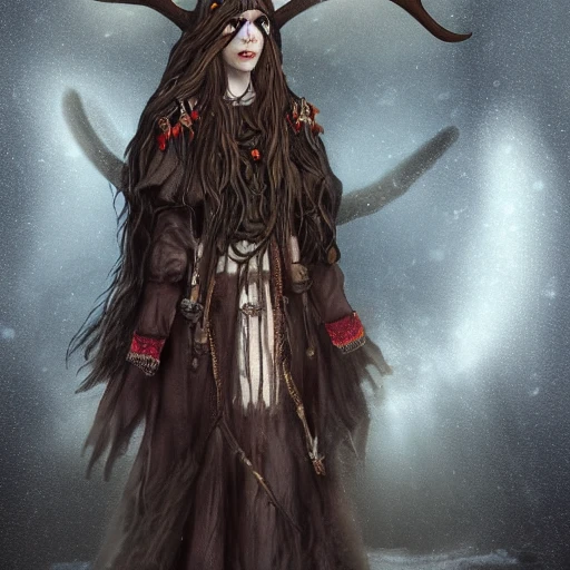 mdjrny-v4 style, artstation, pixiv, {{{dark fantasy rpg powerful dark mage from lapland}}}, simple solid color background, highly detailed, hyperrealistic full body portrait of female druid tribe leader from scandinavia, wearing jewelry and magic amulets made of small bones and antlers, {{wearing warm medieval clothing}}, magic, 1woman, gorgeous anime woman, illustrated, eye makeup, long dark natural hair, occultism, dark magic, perfect anatomy, detailed eyes, sharp focus, beautiful eyes, strong colors, even lighting, fighting stance, simple solid background, {{in style of fire emblem the videogame}}, in style of hades the videogame, very thick black outlines, cartoony, in style of marvel comics, painted with ink, {very blunt borders}, adult cartoon, character concept art,  by HACCAN, by Kita Senri, by Suzuki Rika, by azu-taro, comic book cover style