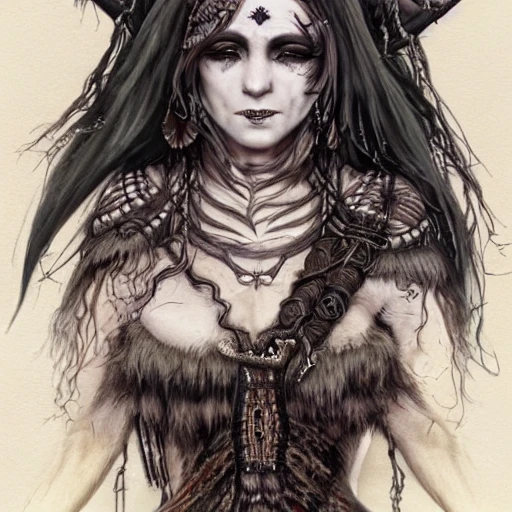 {{{dark fantasy grand witch of north}}}, highly detailed, {hyperrealistic upper body portrait of druid leader}, nordic woman who knows dark magic, occultism, mage, overflowing energy, wears tribal cloth made of animal leather and warm materials, grim and gothic, 1woman, gorgeous anime woman, illustrated, long dark hair, strong body, wears jewelry made of small bones and antlers, mysterious look, sharp focus, elegant, no hat, no headgear, volumetric lighting, smooth, in style of hades videogame, thick black outlines, cartoony, art by artgerm, art station, character art