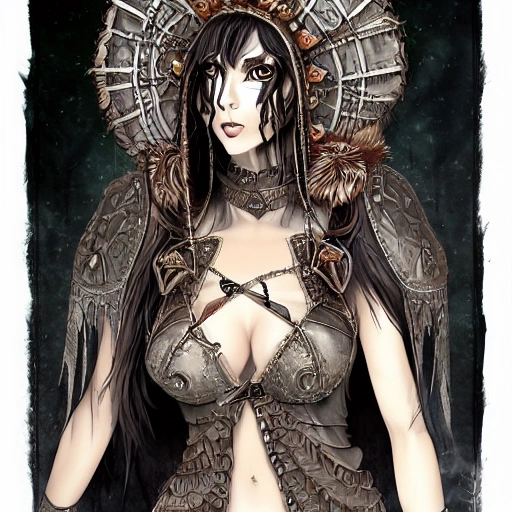 {{{dark fantasy grand witch of north}}}, highly detailed, {hyperrealistic upper body portrait of druid leader}, nordic woman who knows dark magic, occultism, mage, overflowing energy, wears tribal cloth made of animal leather and warm materials, grim and gothic, light medieval armor, 1woman, gorgeous anime woman, illustrated, long dark hair, strong body, wears jewelry made of small bones and antlers, mysterious look, sharp focus, elegant, no hat, no headgear, volumetric lighting, smooth, in style of hades videogame, thick black outlines, cartoony, art by artgerm, art station, character art